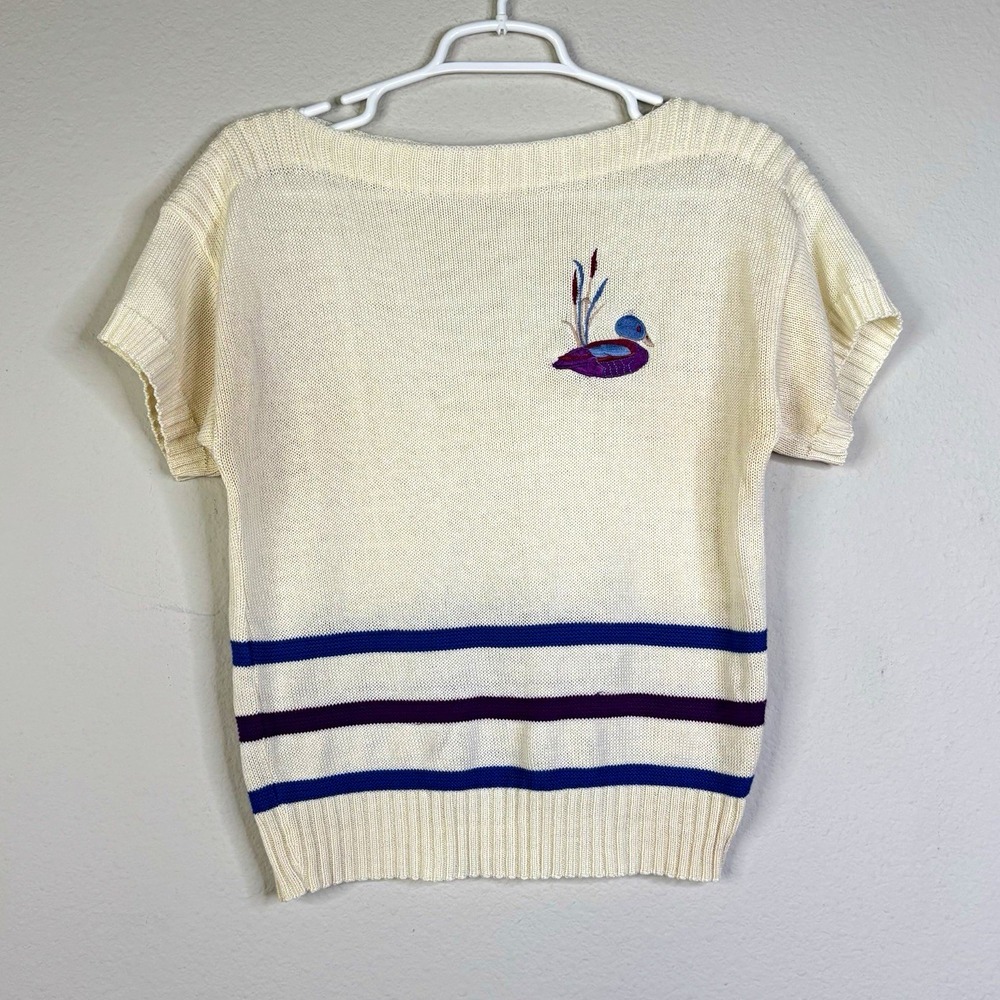 Vintage 80s Keneth Too! Sweater Top Cream Striped Embroidered Bird Made USA